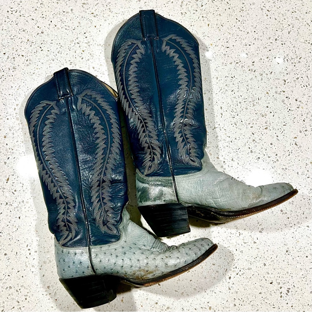 Justin Boots Navy and Light Gray ostrich Heeled Boots